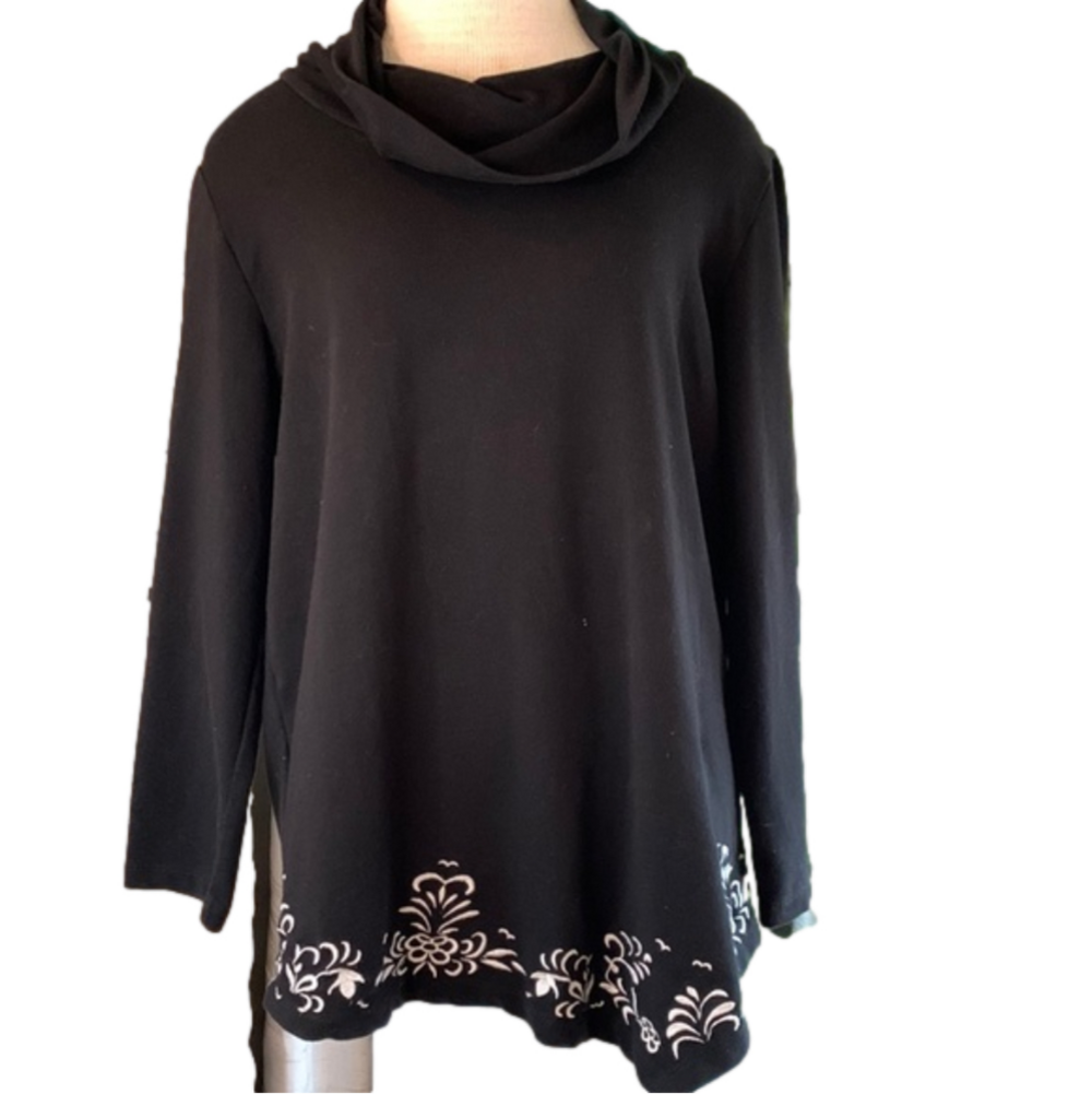 Chicos size 2 black cowl neck tunic with white embroidery